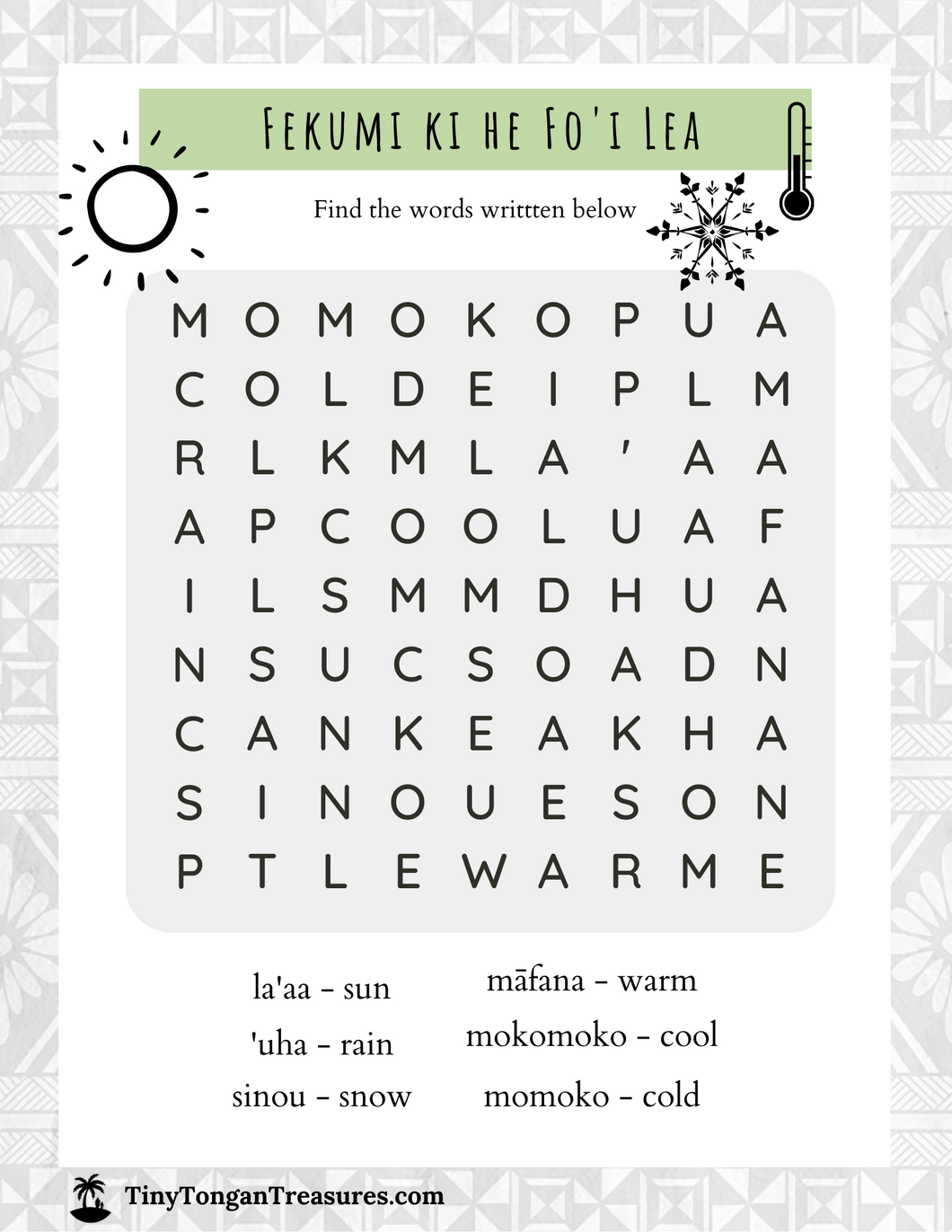Tongan Word Search - Weather